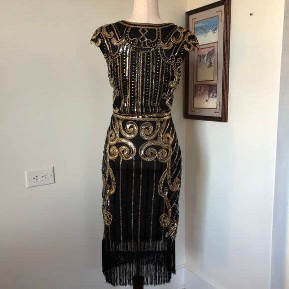 Black Gold Sequin Fringe Dress M Dance Party NYE Gatsby 1920 Flapper Costume NEW - Picture 7 of 12